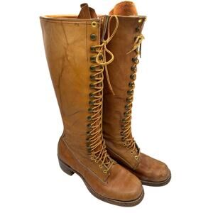 Frye Vintage 70s Brown Leather Knee High Campus Lace Up Boots Women's size 7